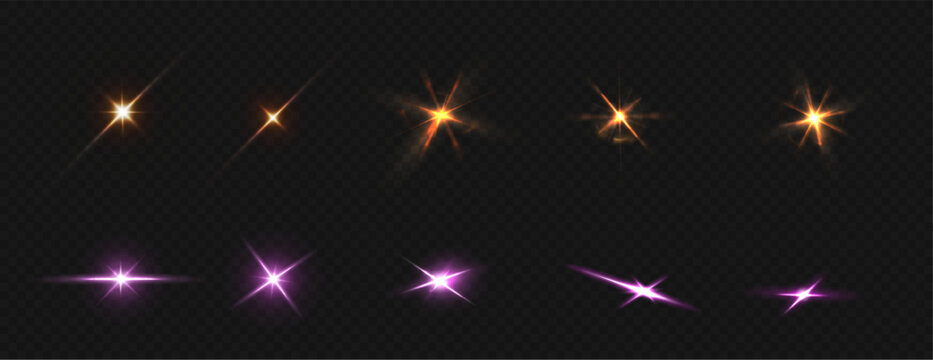 Purple star flare effect, light flash with golden rays and shining sparkles, vector realistic glints isolated on transparent background. Magical lens glare and glowing twinkle with color beams