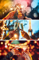 Naklejka premium Hands clink champagne and cocktails with sparklers against festive lights. Concept of celebrations, weddings, nightlife, hospitality, beverage ads and New Year.