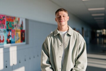 Obraz premium Young smiling male student portrait in school hallway with lockers and colorful artwork for background and banner design
