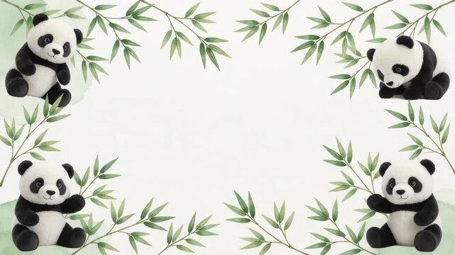 Cute baby pandas and bamboo leaves frame on a light background, perfect for a gentle and playful design.