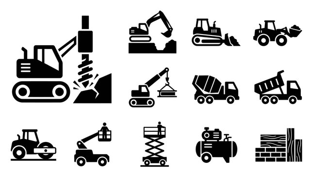 Construction machinery and equipment icons set, heavy industry vehicles for building and road works.
