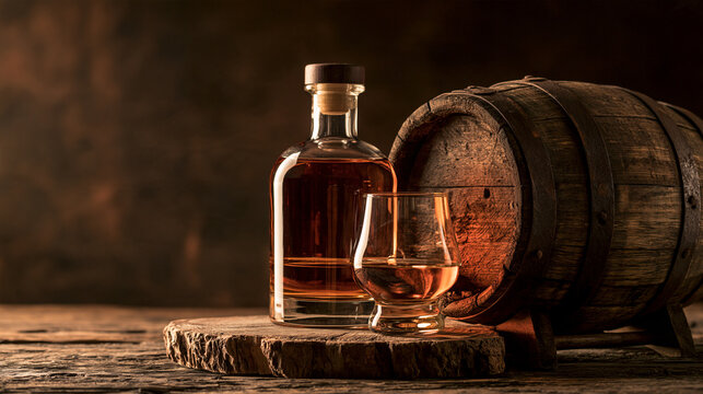 A glass and bottle of golden whiskey stand on a wooden table beside a rustic barrel. Perfect for distillery branding and luxury lifestyle advertisements.
