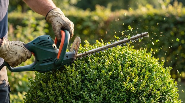 Gardener trimming bushes with electric hedge trimmer in outdoor garden