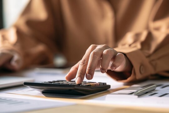 Person using a calculator to analyze financial documents and spreadsheets on a desk at work