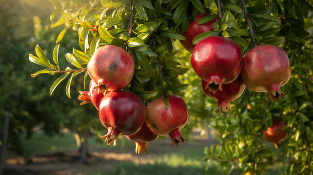 A cluster of ripe red pomegranates hanging from a leafy branch in an orchard, bathed in the warm golden light of the sun, with a soft-focus background, of trees in, a peaceful rural environment