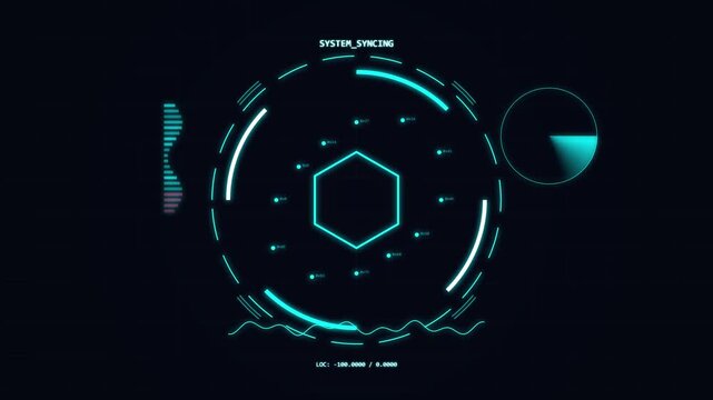 Futuristic HUD display with glowing cyan geometric shapes and data visualization elements, cybernetic interface concept