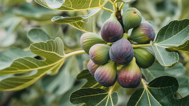 Close up of ripe purple and green figs hanging on a branch with large, lobed green leaves in a sunlit garden, showcasing the texture and natural beauty of fresh mediterranean fruit during the harvest
