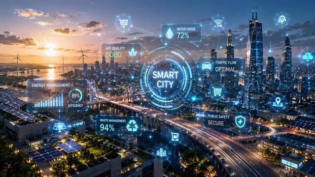 Futuristic smart city skyline with digital data overlays at sunset