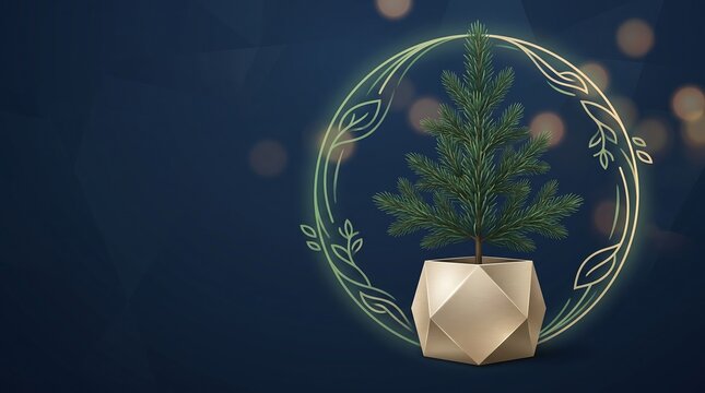 Minimalist pine tree in gold pot on dark background