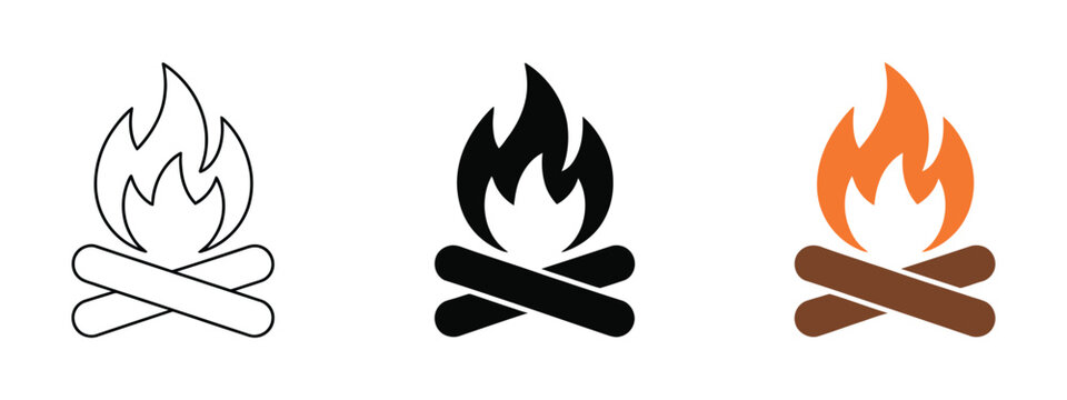 Campfire icon with wooden logs, outdoor fire symbol for camping, hiking, bonfire, wilderness adventure, recreation, nature, and outdoor activities, vector illustration.