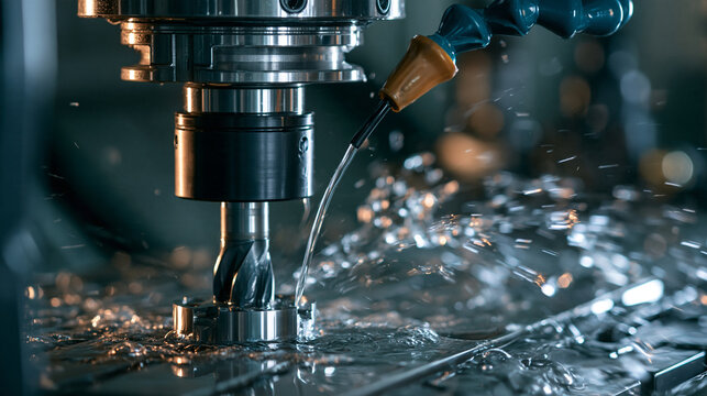 CNC milling machine cutting metal part with coolant fluid spray. Industrial manufacturing process concept for engineering and production technology ads.