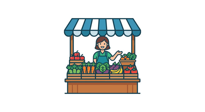 Illustration of a smiling female vendor at a vibrant outdoor fruit and vegetable market stall, offering fresh produce.
