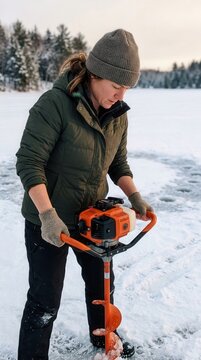 Female angler gracefully operates a motorized ice auger on a vast frozen lake