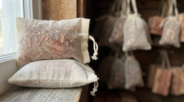 Aromatic cedar wood shavings encased in woven linen sachet bags resting gracefully upon a rustic wooden windowsill exuding natural charm