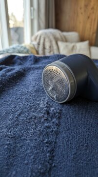 Revitalize your favorite garments with an efficient electric fabric shaver delicately removing unwanted lint and pilling from soft blue textiles