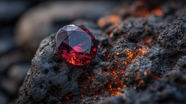 A polished red ruby rests on dark volcanic rock with glowing embers. This photo illustrates concepts of raw luxury, geology, and discovery.