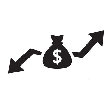 Money Bag Silhouette Icon With Up And Down Graph Arrows Vector Illustration.