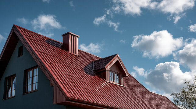 A modern house with a red metal roof and chimney under a blue sky with clouds. Perfect for real estate and home construction advertisements.