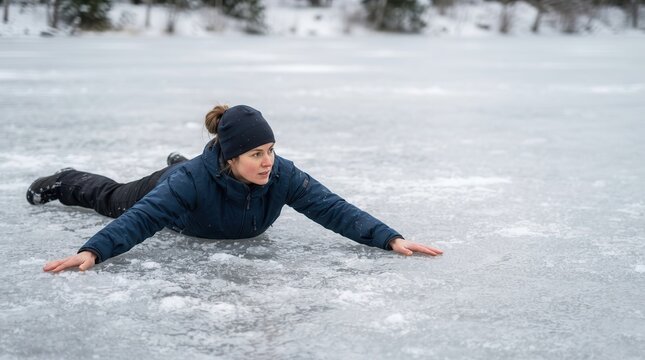 Dramatic moment of survival as a resilient woman cautiously navigates across a vast and treacherous frozen lake in winter