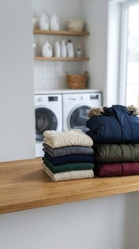 Aesthetic composition of neatly folded woolen sweaters and warm winter jackets arranged gracefully on a rustic wooden counter inside a modern bright utility room