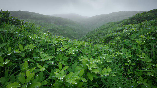 A misty green valley landscape filled with lush vegetation and wet leaves covered in raindrops under a heavy grey sky with rolling hills disappearing into the thick fog in a remote wilderness area