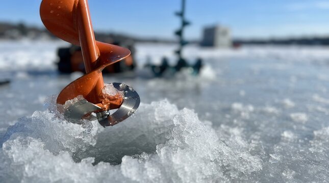 Vibrant orange ice fishing auger piercing through the crystalline frozen surface of a serene winter lake