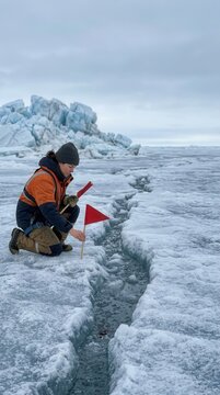 Dedicated researcher carefully places a red safety marker along a widening crevasse in the fragile arctic landscape during a vital climate expedition