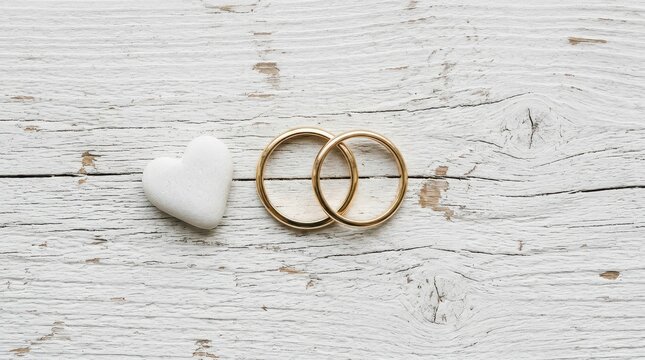 Two Gold Wedding Rings and a White Heart Stone on a Rustic White Wooden Background for Marriage Concept