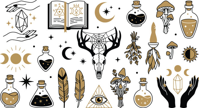 Mystical occult vector set, celestial witchcraft icons with moon and crystals, esoteric magic symbols for alchemy and tarot