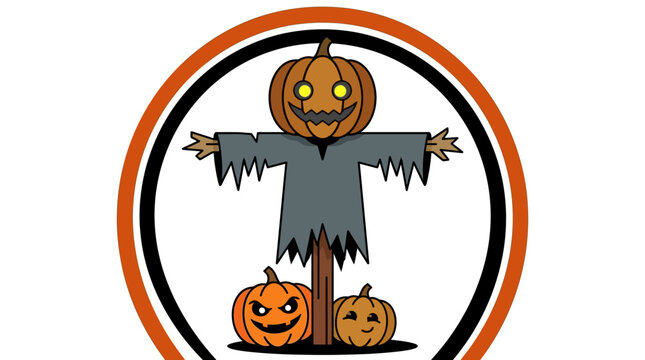 Halloween Pumpkin Head Scarecrow Illustration with Jack-o'-Lanterns in Circular Frame