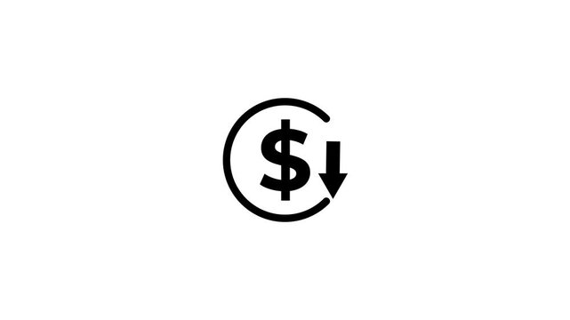 Abstract decrease icon on White background. Dollar rate down looped icon. Reduce costs sign and symbol. animation. 4k video...