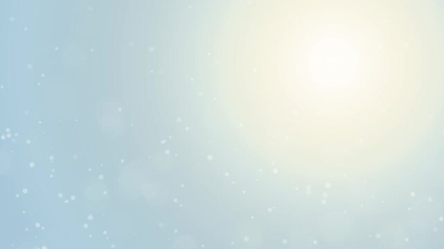 Abstract light blue winter background with bright glowing sun and falling white snowflakes. This seamless motion graphic loop is perfect for sunny cold seasonal video designs.