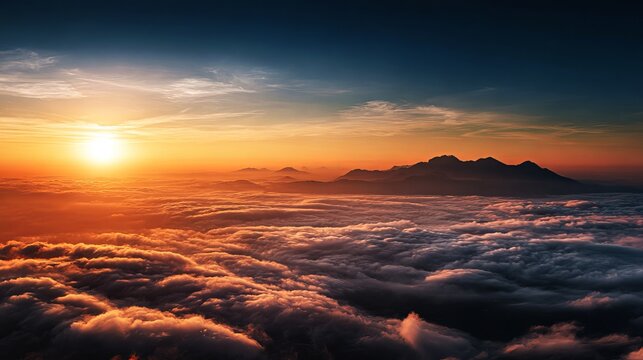 Majestic mountain range peaking above thick rolling clouds during a vibrant golden sunset with dramatic warm lighting and cinematic atmosphere