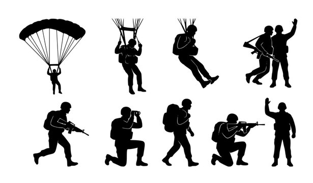 Parachuting Soldier Silhouette Set with Dynamic Airborne and Ground Movement Actions