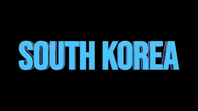 3D Blue Glass South Korea Text with Glitter Reflection on Black