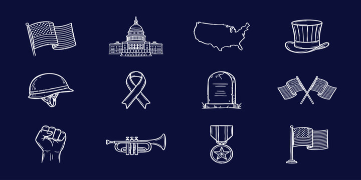 Set of hand drawn chalk style icons representing united states military and patriotic memorial day themes