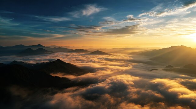 Majestic golden sunrise illuminating rolling mountain peaks above a vast sea of fluffy white clouds captured during early morning light