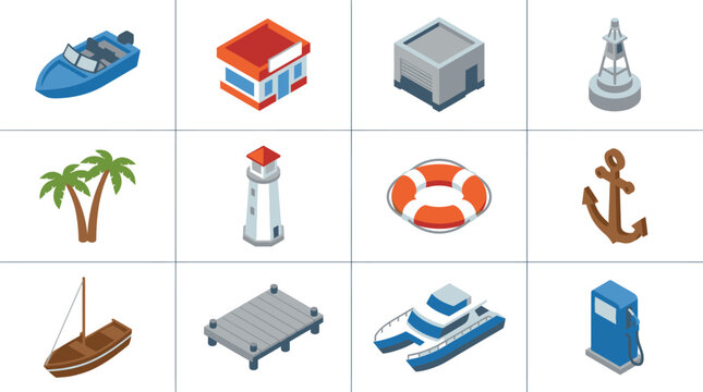 Isometric Icons of Boats, Lighthouse, Lifebuoy, Anchor, and Other Nautical Elements.