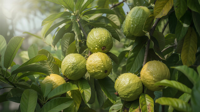 A branch of a guava tree heavy with several round, green, ripening fruits covered in morning dew, hanging amidst lush green leaves in a sunlit orchard, capturing a productive and natural harvest scene