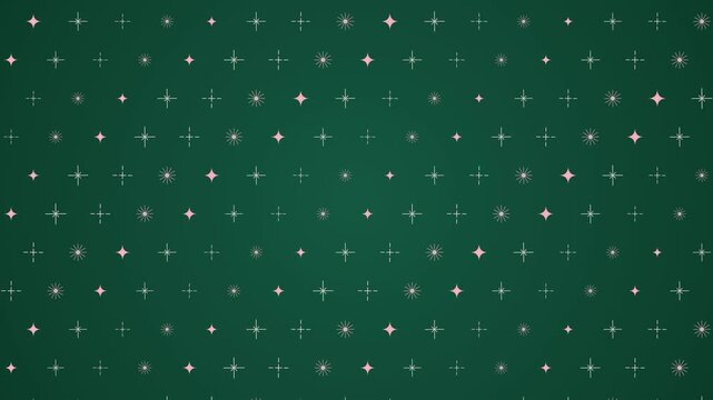 Abstract dark green background with a retro atomic star pattern moving diagonally. This seamless vintage motion graphic loop is perfect for playful creative video designs.