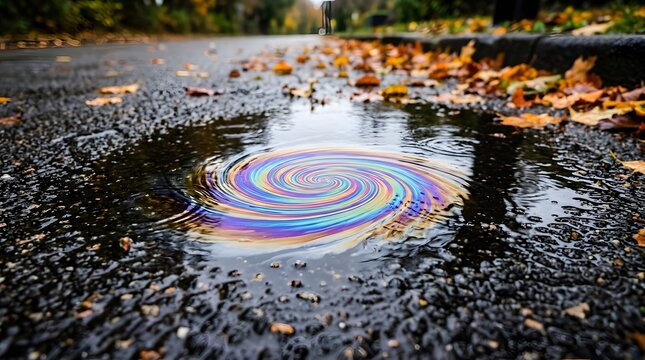 Oil slick swirl reflecting rainbow colors in a puddle on an asphalt road with autumn leaves
