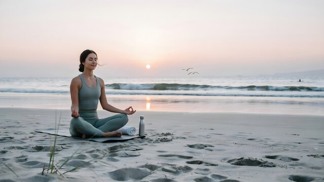 Woman Practicing Yoga and Meditation at Sunset, Female Meditating in Serene Harmony Outdoors, Mindfulness, Inner Peace, Wellness, Relaxation and Spiritual Lifestyle