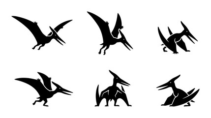 Pterodactyl Icons Set, Flying Dinosaur Silhouettes, Prehistoric Reptile Vector Graphics © Kotha