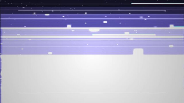 Digital glitch effect with purple and white horizontal lines, corrupted data stream overlay, abstract technology background