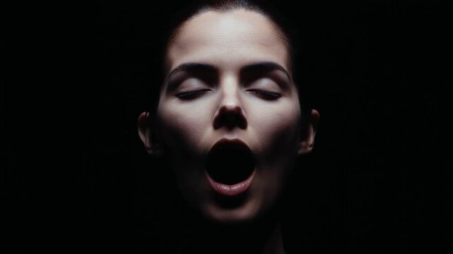 Close Up of Human Face Obscured by Shadow in Total Darkness with Top Light
