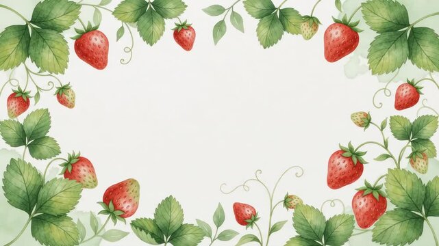Fresh watercolor strawberry frame with green leaves and vines, perfect for summer designs and natural themes.