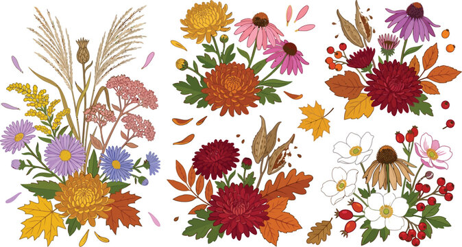 Autumn floral arrangements with fall leaves and grasses in a cheerful vector illustration style