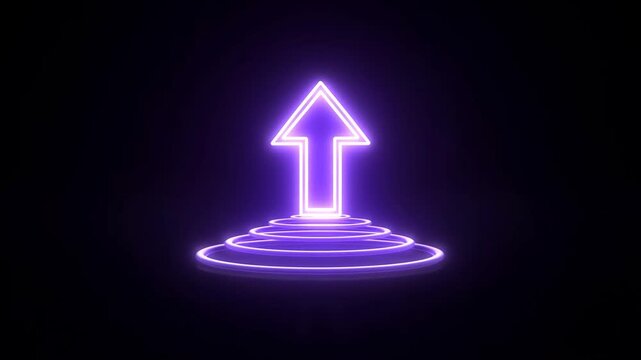 Glowing upward arrow with circular rings and reflection on a dark purple background