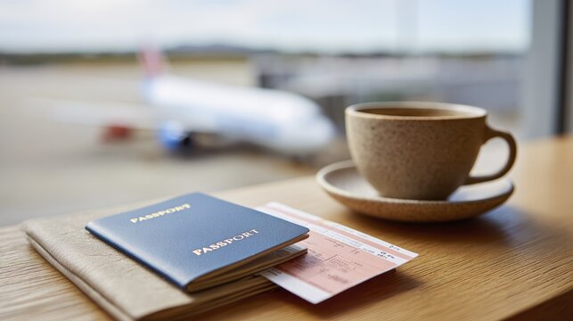 Travel essentials: passport, boarding pass, and coffee with blurred airplane background at airport
