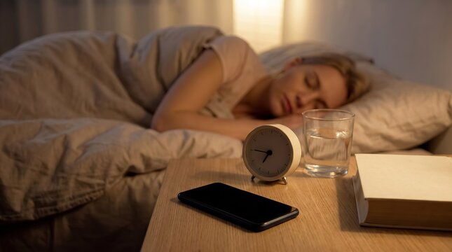 Young woman peacefully sleeping in bed, cozy bedroom atmosphere